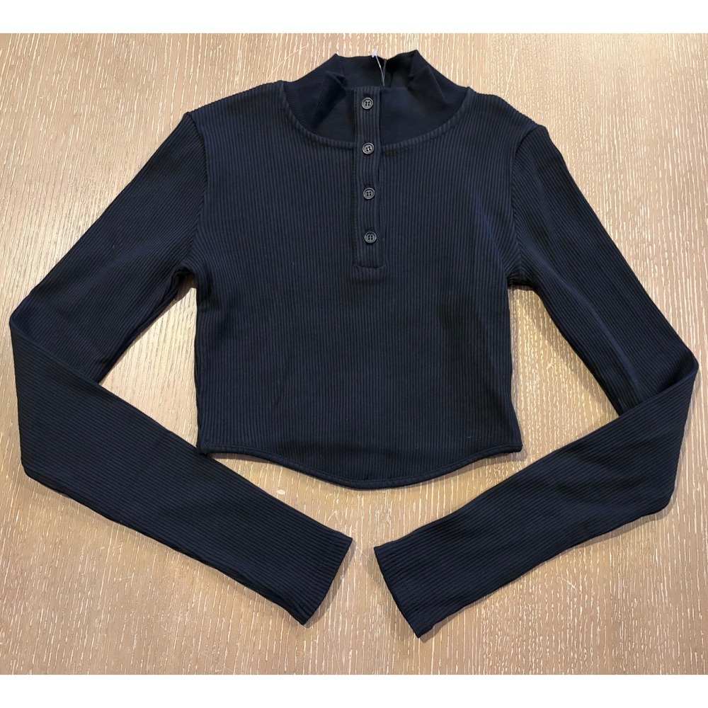 Zara Women's Black Ribbed Cropped Henley Mock Neck Long Sleeve Top L